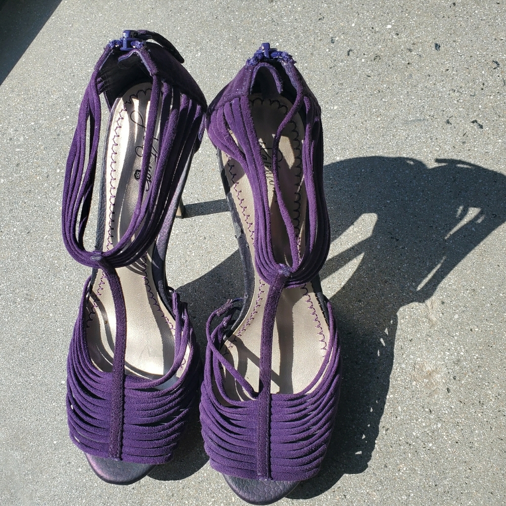 Strappy purple suede stiletto shoes